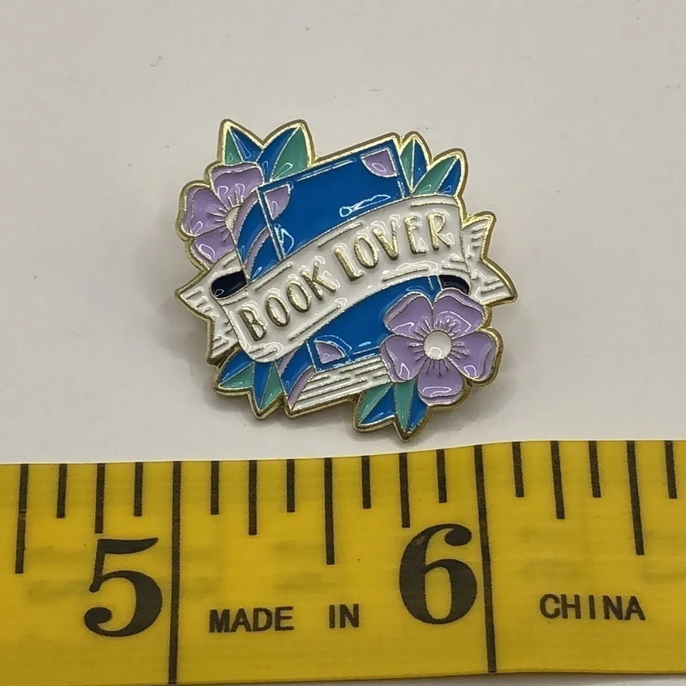 3/$25 “Book Lover” Blue Book Lavender Flowers Pin Badge Brooch